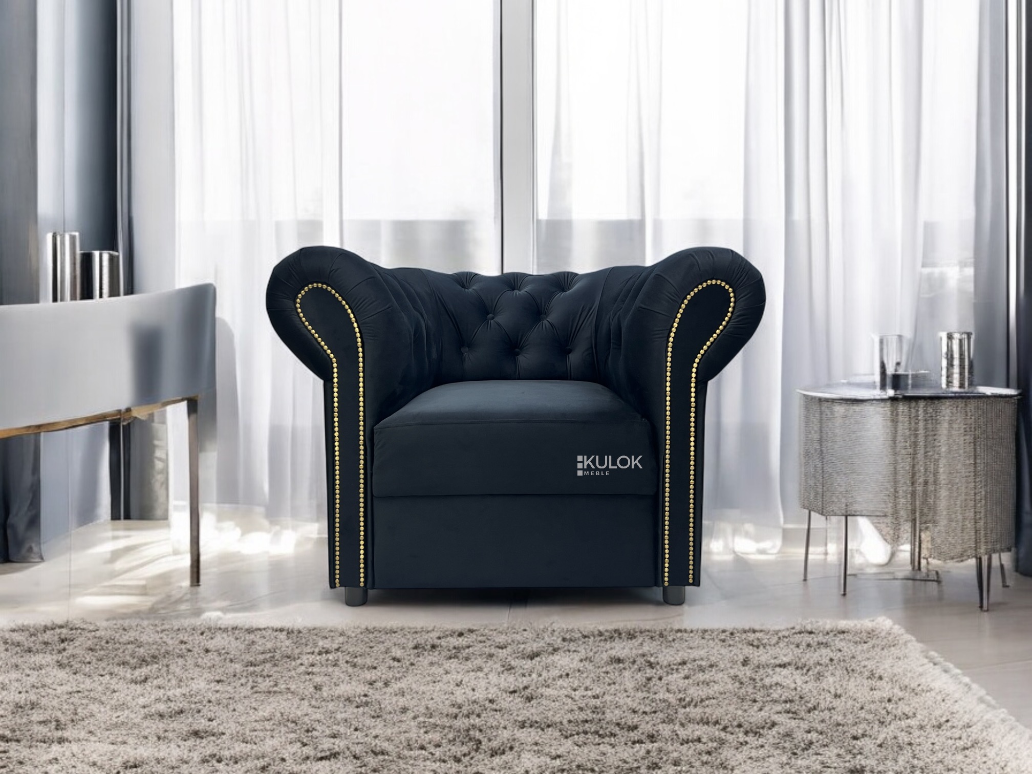 Baby Blue Fotel Chesterfield - Monolith 72, Stare Złoto, Listwy Włoskie, Elegancki Mały Fotel do Salonu